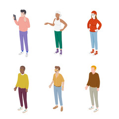 Set of different isometric people on white. Vector illustration flat design isolated. Male and female characters. Office and casual clothes.