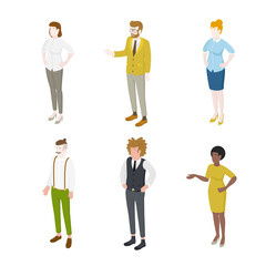 Set of different isometric people on white. Vector illustration flat design isolated. Male and female characters. Office and casual clothes.