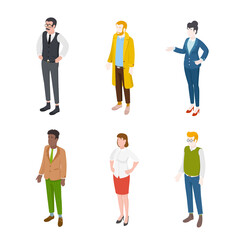 Set of different isometric people on white. Vector illustration flat design isolated. Male and female characters. Office and casual clothes.