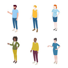 Fototapeta premium Set of different isometric people on white. Vector illustration flat design isolated. Male and female characters. Office and casual clothes.