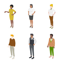 Set of different isometric people on white. Vector illustration flat design isolated. Male and female characters. Office and casual clothes.