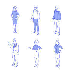 Set of different isometric people on white. Vector illustration flat design isolated. Male and female characters. Office and casual clothes. Outline, linear style, line art.