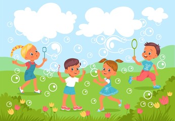 Kids blow bubbles. Happy carefree childhood. Boys and girls blowing soap spheres on green grass. Flying foam balls. Cheerful children playing in lawn. Outdoor activities. Vector concept