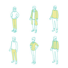 Set of different isometric people on white. Vector illustration flat design isolated. Male and female characters. Office and casual clothes. Outline, linear style, line art.