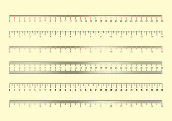 Set of ruler scale 30 cm. Centimeter, millimeter, inch and metric rulers. Mmarking for ruler, measure on scale of centimeter, millimeter and inches, marks for tape measure. Vector illustration - obrazy, fototapety, plakaty