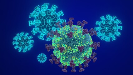 Fototapeta na wymiar Omicron SARS-CoV-2 virus against set of low poly glowing computer models on blue, 3D rendering.