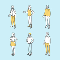 Set of different isometric people on white. Vector illustration flat design isolated. Male and female characters. Office and casual clothes. Outline, linear style, line art.