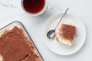 Piece of Homemade Tiramisu cake dessert