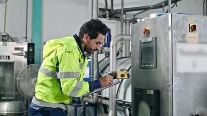 Technical engineer with radio communication checking and writing report condition of transformer power control panel for observe abnormal operating status in beverage production plant