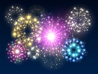 Obraz premium Realistic fireworks bursting. Nightly festive pyrotechnic explosions backdrop. Colorful sparkling particles. City sky fires. Salute light flashes. Heaven festival lighting. Vector concept