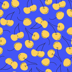 Printable seamless pattern of yellow ripe hand drawn cherries on blue background. Trendy colors with doodle fruits.