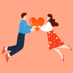 Valentines day man and woman expressing love to each other with bouquet in the middle, vector illustration