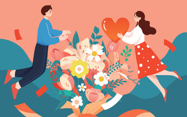Valentines day man and woman expressing love to each other with bouquet in the middle, vector illustration