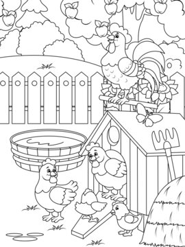 Agriculture, yard. Bird farm. Chickens in the yard. Children coloring book.