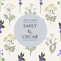 Wedding invitation on the background of wild flowers. Vector illustration.