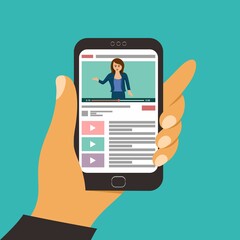 Vector illustration hand holding with app tube provides streaming media and video on the screen