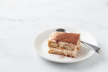 Piece of Homemade Tiramisu cake dessert