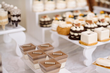 Various desserts and cake on the buffet table at the wedding