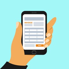 Vector concept of web banner for online payment. The hand holds a smartphone on which the application with payment is open. Successful money transfer. Can be used for websites and mobile applications.