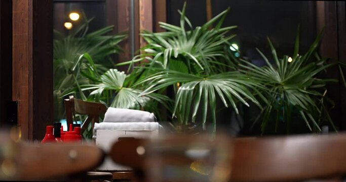 interior of a restaurant with live flowers