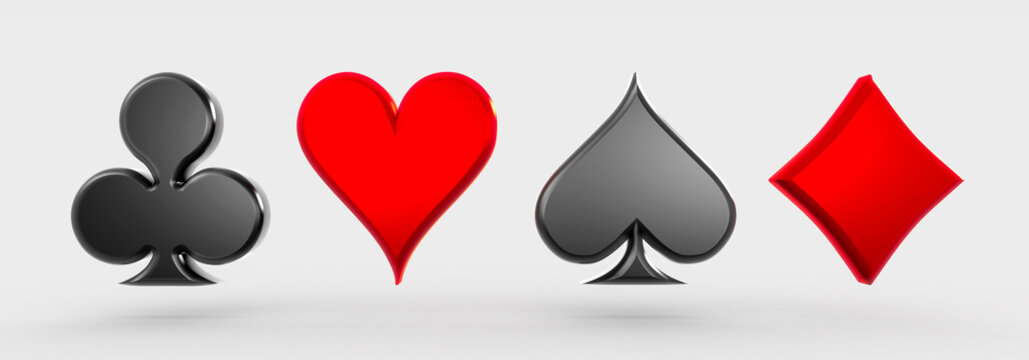 3d Front Clubs, Spades, Heart, Diamond playing cards icons with white background and shadow