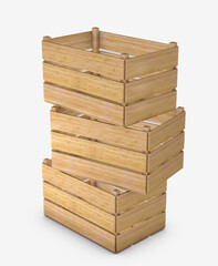 3d wooden boxes isolated on white background. Crate used at fairs in various angles with ground shadow.