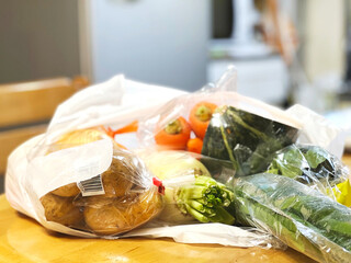 レジ袋に入った野菜_冷蔵庫背景