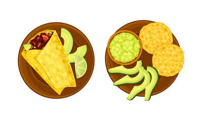Mexican traditional dishes served on plates set. Top view of food of national cuisine vector illustration