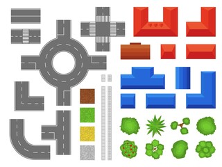 Street elements map top view. Urban objects, buildings and houses with roofs. Park trees and shrubs. Pedestrian tile. Pavement and highway parts. Town plane kit. Vector landscape set