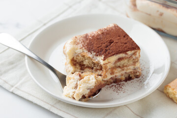 Piece of Homemade Tiramisu cake dessert