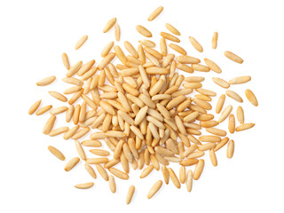 Shelled European pine nuts isolated on white background, top view.