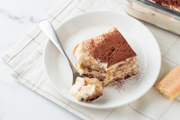 Piece of Homemade Tiramisu cake dessert