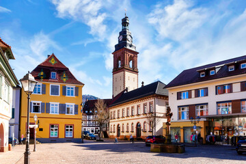 Market square with view to View to the St. Arbogast, Roman Catholic parish church of Haslach im Kinzigtal, Germany