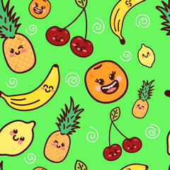 Pattern with cute fruits. Kawaii fruits on a green background.