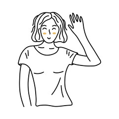 Cheerful young girl with a bob smiles and waves her hand. Black and white vector isolated illustration hand drawn. Friendly happy woman