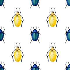 Yellow and blue watercolor beetles isolated on a white background. Seamless pattern of cute hand-drawn bugs. 