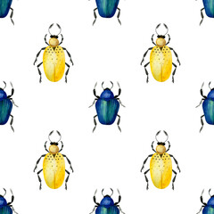 Yellow and blue watercolor beetles isolated on a white background. Seamless pattern of cute hand-drawn bugs. 