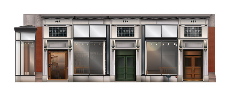 Detailed facade of a long building. Commercial space. Illustration of a building with a shop in a realistic way.