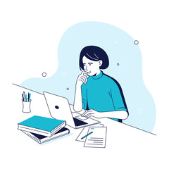 A girl works at a computer. A student studying online.