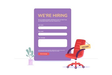 Vacant job chair. Free new vacancy ad job hiring, announcement wanted hire manager recruiting advertisement, vector illustration