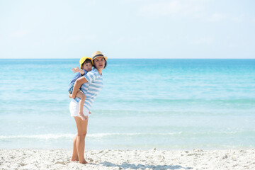 Happy family summer sea beach vacation. Asia young people lifestyle travel enjoy fun and relax leisure destination in holiday. Travel and Family Concept