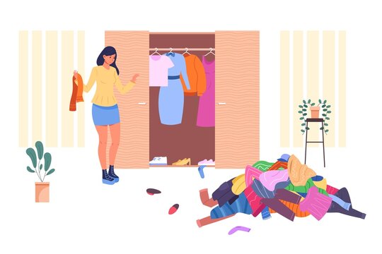 Girl organize closet. Organization cluttered home wardrobe, woman declutter arranged messy fashion cloth, vector illustration