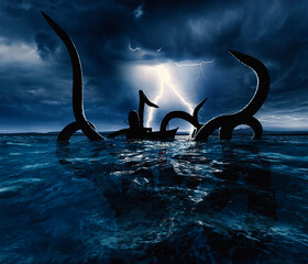 Fishing boat surrounded by the tentacles of a giant submerged monster