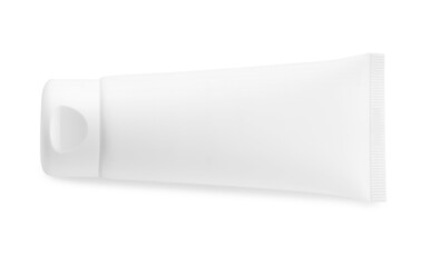 Blank tube of cosmetic product on white background, top view