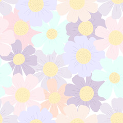 Vector seamless pattern with simple flowers in gentle colors on white background. For wallpapers, decoration, invitation, fabric, textile and print, web page background, gift and wrapping paper.