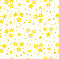 Seamless pattern of abstract yellow buttercup flowers, leaves and small orange flowers on a cream background.
