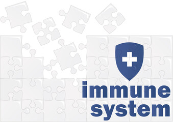 Immune system concept. Medical horizontal banner with white puzzle, shield and lettering Immune system for clinics, hospitals, healthcare websites and social media. Vector illustration.
