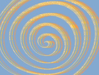 Orange and yellow ornamental swirls on pale baby blue background, illustration
