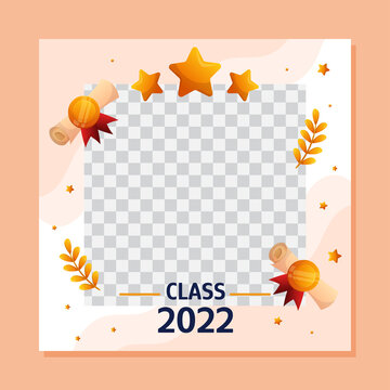 Graduation Square Social Media Template With Empty Space For Student Photo. Vector Layout Greeting Design With Golden Stars, Scrips With Medal And Branches.