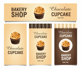 Labels with sweets. Cupcake labels. Chocolate cupcake on vintage background.